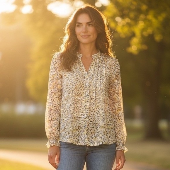 LOFT Tops - ✨Loft Womens Petites Floral Sheer Ruffled‎ Ling Sleeve Blouse Top, Size XX Small